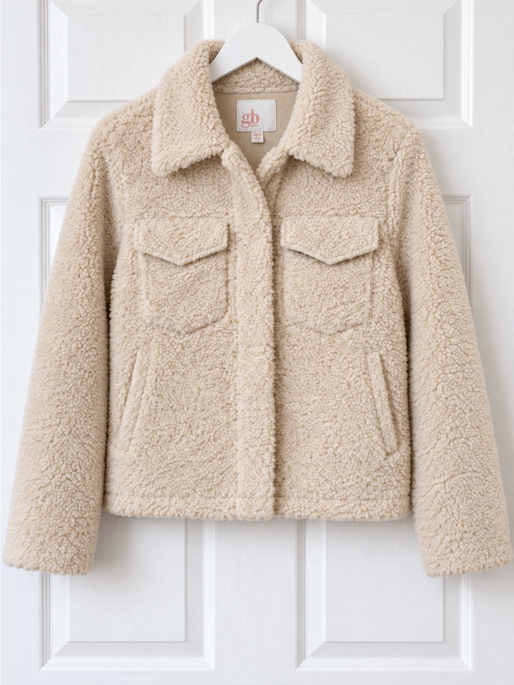 GB Girls Cream Sherpa Trucker Jacket Girls Size 10/12 | Faux Fur Fleece Shacket